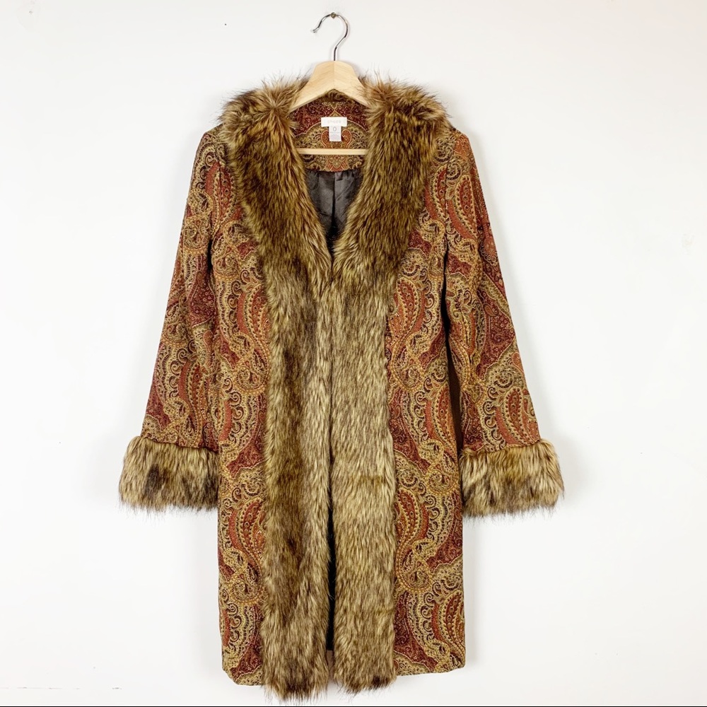CHICOS Stunning Boho Tapestry Coat Long Faux Fur S
